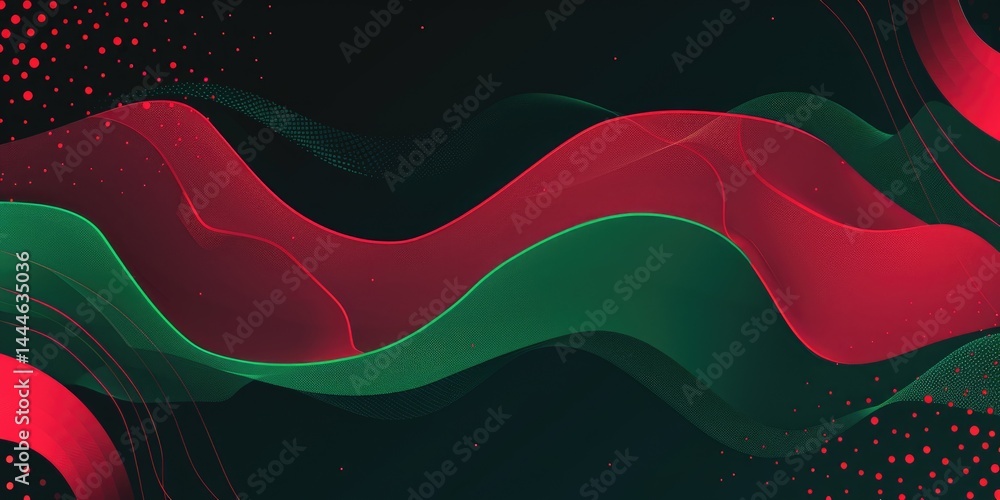 Poster abstract red and green flowing waves on a dark background. digital artwork for design and print. flu