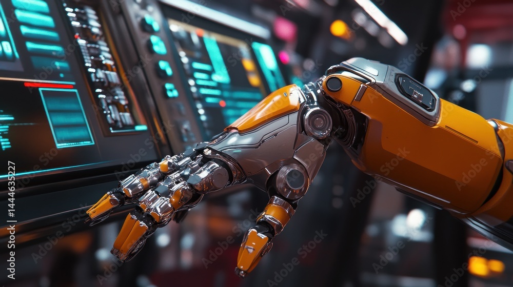Aufkleber futuristic robotic arm interacts with advanced control panel