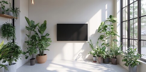 Fototapeta premium A contemporary wall-mounted display features a blank screen and sleek design within a minimalist setting