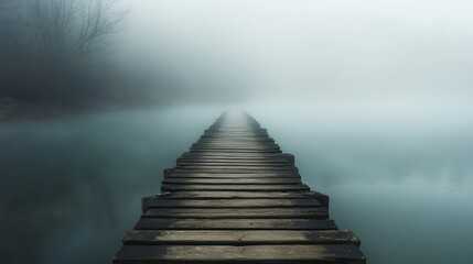 Misty pier extends into foggy water