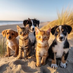 Adorable animal group mountain concept. Five adorable puppies and kittens sitting together on a sandy beach, surrounded by grass.