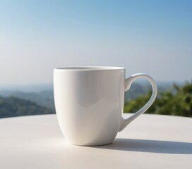 Obraz premium A pristine white ceramic cup rests elegantly on a rustic wooden table, casting a soft shadow that enhances its simple beauty.