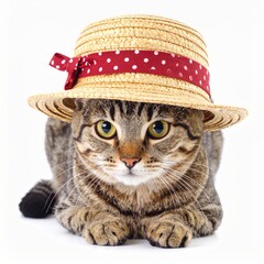 Cat in Straw Hat with Red Ribbon and Polka Dots