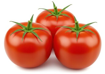 Three ripe red tomatoes with green stems arranged on a white surface in a close up shot view