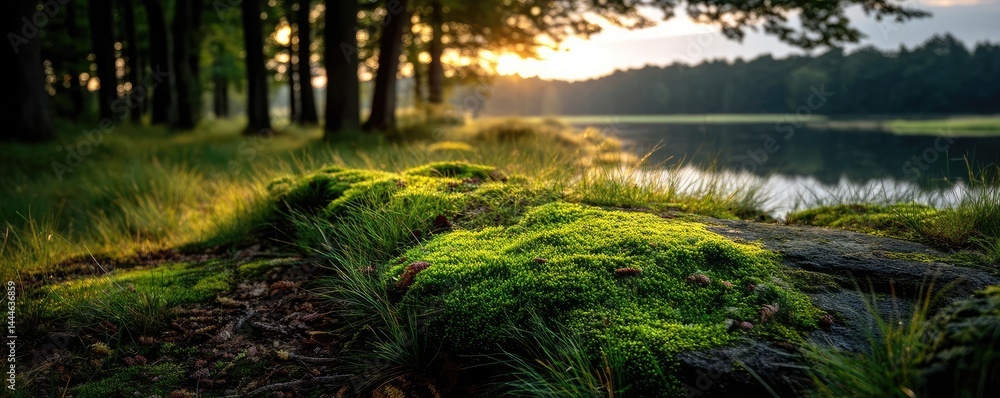 Aufkleber green moss between grass and forest with relax mood concept. vibrant moss on rocks by a serene lake 