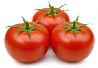 A close up shot of three vibrant red tomatoes with green stems on a white background studio shot