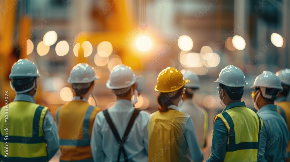 Poster back view of engineer or mechanic wearing safety helmet with blurring background. attractive worker 