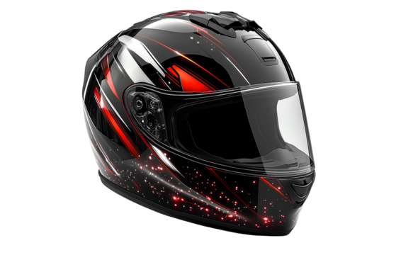 Black full-face motorcycle helmet with a visor, featuring a white and red geometric design on the front, against a transparent background