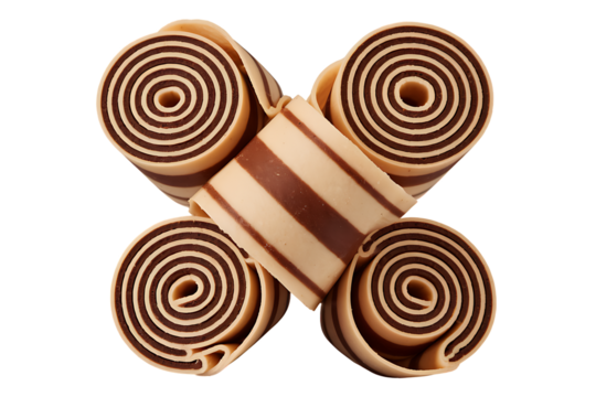 Closeup of Four Rolled Striped Brown and Beige Cookies on transparent background