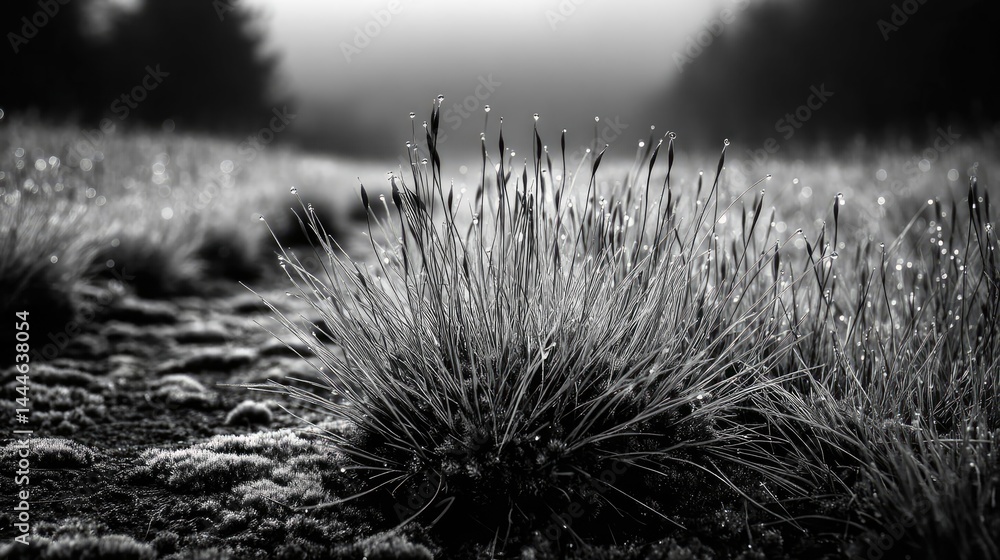 Aufkleber green moss between grass and forest with relax mood concept. black and white close-up of dewy grass 