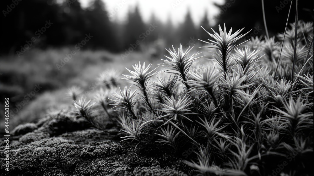 Poster Green moss between grass and forest with relax mood concept. A close-up view of moss and ferns in a serene black and white forest.
