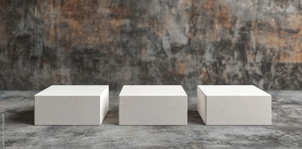 Poster in a modern art display, white boxes with a minimalist aesthetic are placed on a surface that is gra