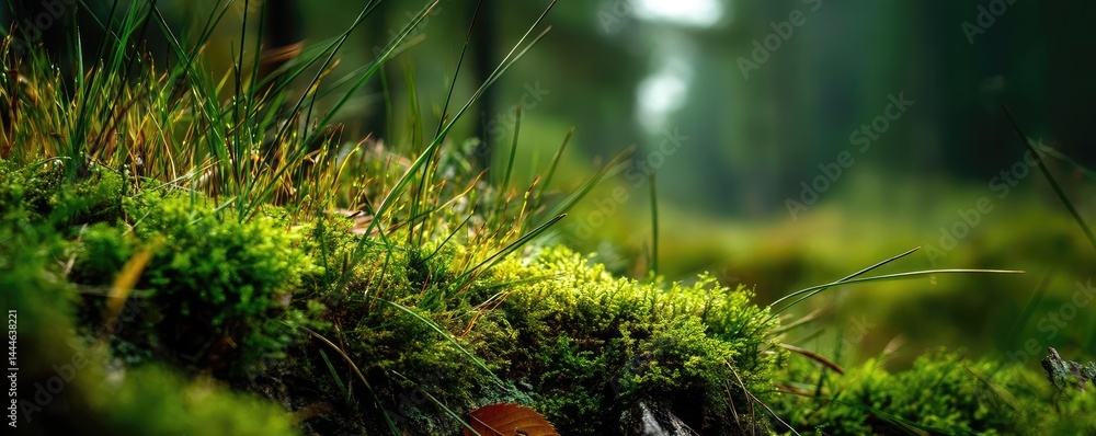 Aufkleber green moss between grass and forest with relax mood concept. lush green moss covering the ground in 