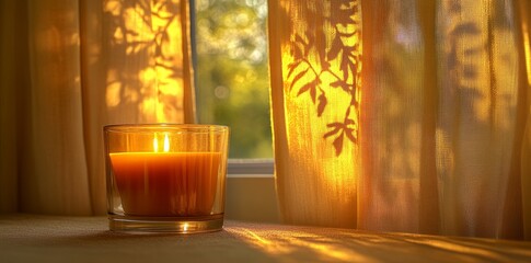 A peaceful room is illuminated by the soft glow of a candle during the early morning hours