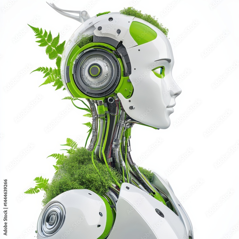 Aufkleber green robot collaborating in gigapixel studio shot futuristic environment with nature elements