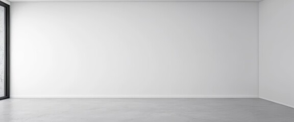 A bright, airy white room features an open door leading to an unseen space, complemented by a sleek, polished concrete floor that adds modern elegance.