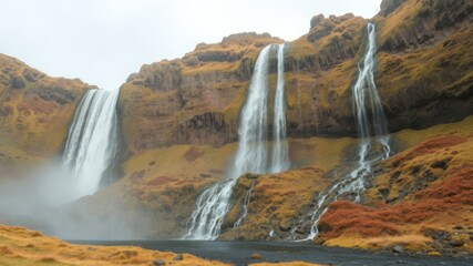 Obraz premium Majestic multiple waterfalls cascade down a steep cliff face in Iceland creating a misty ethereal scene of natural beauty.