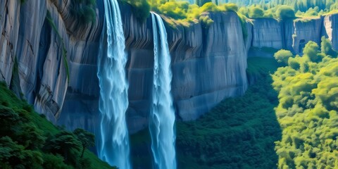 Majestic waterfall cascading down sheer cliff face, lush greenery, fresh, nature