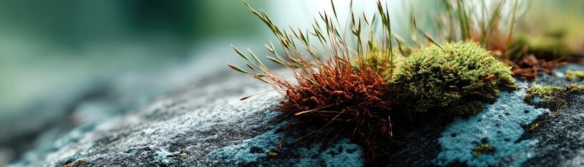 Green moss in forest with peaceful relax mood concept. Vibrant moss growing on a natural rock surface.