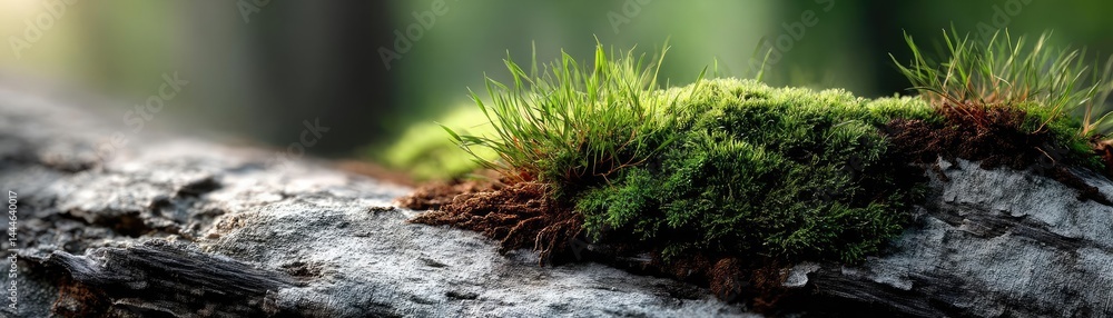 Poster green moss in forest with peaceful relax mood concept. moss growing on a log in a tranquil forest.