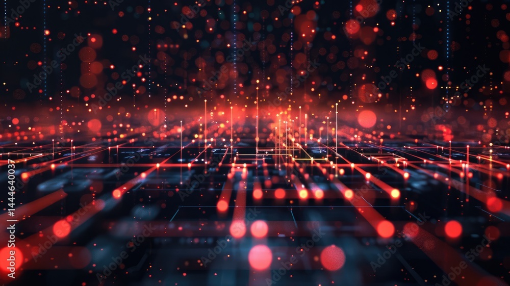 Poster abstract red and black digital network with glowing nodes and connection. digital artwork of digital