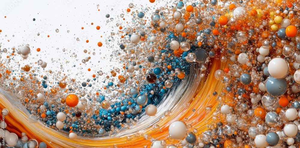 Poster the merging of colorful bubbles as they float results in a vibrant wave within a dynamic display of 
