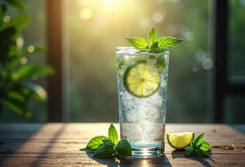 refreshing clear glass sparkling water bubbles table garnished lime slice mint leaves, lemon, drink, cold, beverage, poolside, summertime, drop, leaf, citrus