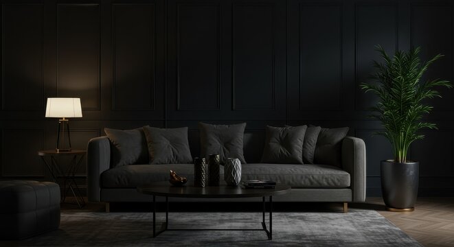 A dimly lit living room featuring a gray sofa, coffee table, lamp, and a potted plant against a dark wall