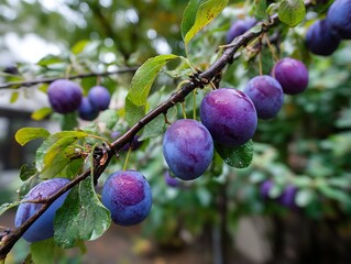 Blue plums on a tree with early morning mist in a quiet western orchard, soft and moody lighting.
