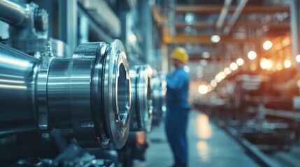 Fototapeta premium Industrial machinery in a factory. A worker in uniform observes the complex metal pipes and equipment