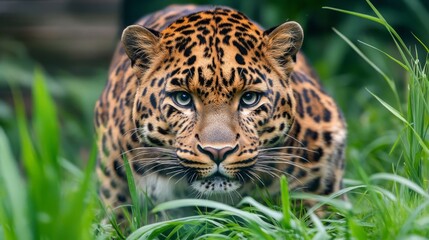 Obraz premium Wild jaguar prowling through dense green grass in its natural habitat during the day