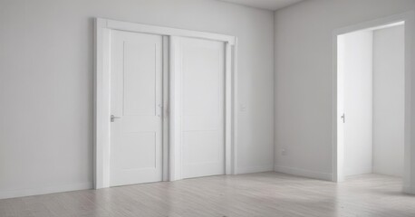 Clean white doors, open & closed, minimalist room  ,  passage,  interior