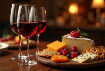 elegant wine glasses accompanied exquisite cheese board display gourmet pairing, food, sampler, platter, variety, cheddar, brie, gorgonzola, grapes