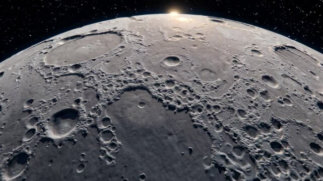 A cinematic video still of the moon's cratered surface from a low-angle perspective, highlighting texture and depth against a starry sky. Live desktop wallpaper.