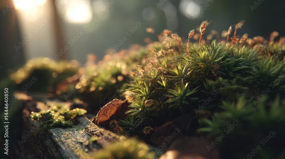 Aufkleber green moss under forest light with peaceful mood concept. close-up view of lush moss in a sunlit for