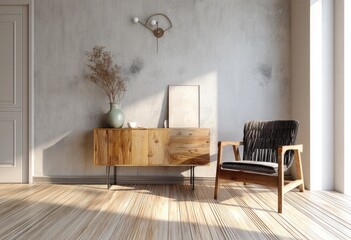 Photo of a modern interior design with a wooden console and armchair against a white wall, a living room background in a rustic style.