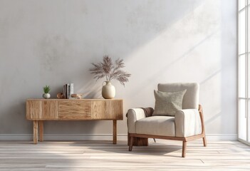 Photo of a modern interior design with a wooden console and armchair against a white wall, a living room background in a rustic style.