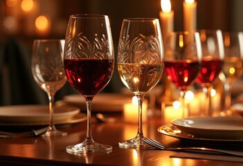 elegant wine glasses displaying rich varietals exquisite transparency glimmering reflection luxury dining experience, stemware, crystal, liquid, color