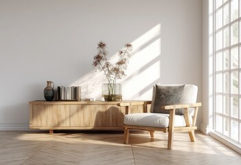 White wall mockup in a modern interior with a wooden console and armchair, natural light, and a wooden floor. Close-up view.