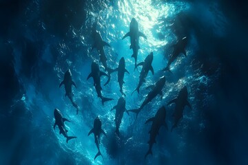 Fototapeta premium Aerial view of a school of sharks swimming in the ocean with sunlight shining through the water surface