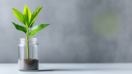 A young plant growing in a glass jar with soil, placed on a minimalist grey background, symbolizing growth, nature, and and sustainability.