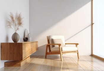Fototapeta premium White wall mockup in a modern interior with a wooden console and armchair, natural light, and a wooden floor. Close-up view.
