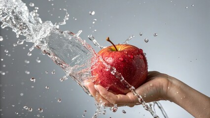 Fresh Red Apple Splash in Hand – Vibrant, Crisp, Refreshing Shot