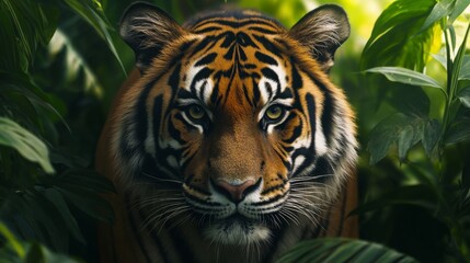 Majestic tiger observing its surroundings in lush green jungle habitat during daylight hours