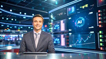 Fototapeta premium Professional Male News Anchor with Digital Financial Background in Modern Broadcast Studio