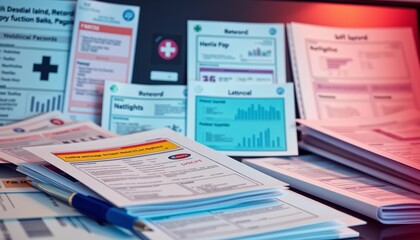 Medical supplies and records displayed on a screen, display, finance