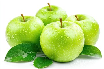 Fresh green apples with water droplets and leaves  Four vibrant green apples clustered together, with visible water droplets on their surfaces  Healthy, crisp fruit, surrounded by fresh green leaves