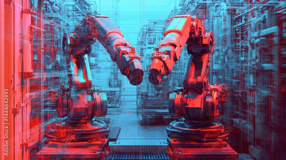Poster industrial robots in a futuristic factory