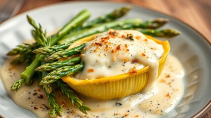 Creamy cheese sauce drizzled over jumbo pasta s filled with asparagus and topped with spices served on a rustic wooden table.