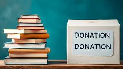 A stack of books with a donation box next to it